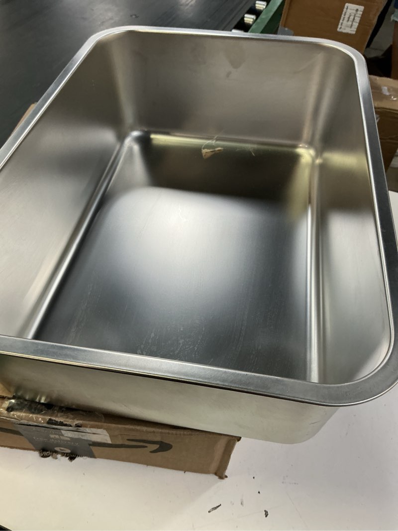 Condition photo showing As Is for stainless steel cat litter box - large metal high-sided pan for cats, pets, non-stick, odor-free, easy to clean, splash-proof, durable (20" l x 13.8" w x 6" h)