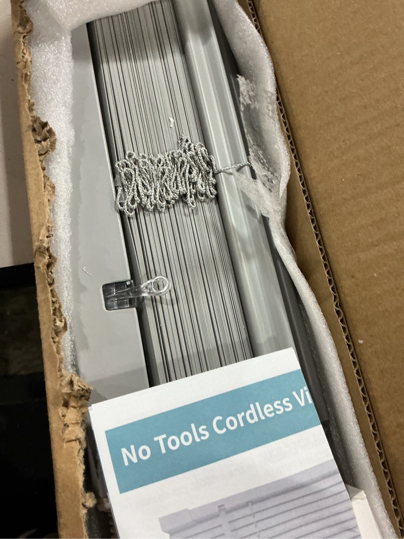 Condition photo showing New/Like New for myshade no-drill cordless horizontal mini blinds – 31.5" w x 64" h tool-free inside mount window blinds with 1" vinyl slats, light filtering & privacy, child & pet safe, gray cordless-gray 31.5" w x 64" h