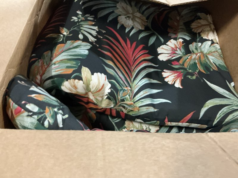 Condition photo showing As Is for arden outdoor adirondack or rocking chair cushion, 20 x 17, rain-proof, fade resistant 17 x 20, simone black tropical simone black tropical standard adirondack