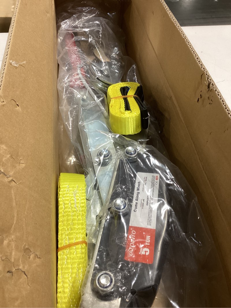 Condition photo showing Good Condition for Come Along Winch 5 Ton Capacity 11FT Steel Cable 3 Hooks Heavy Duty Come Along Tool with Dual Gears with Two 1"x8FT Lifting Sling Automotive Hoist Cable Puller Ideal for Vehicle Rescue