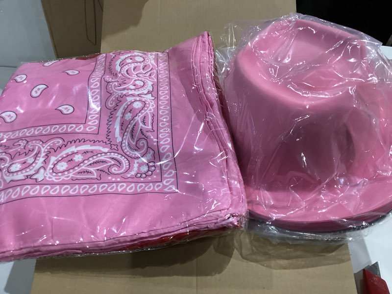 Condition photo showing New/Like New for Haysandy 24 Pieces Western Cowboy Hat Set, Felt Cowboy Themed Party Hats with Paisley Bandanas for Kids Costume Party(Brown, Pink, Red)