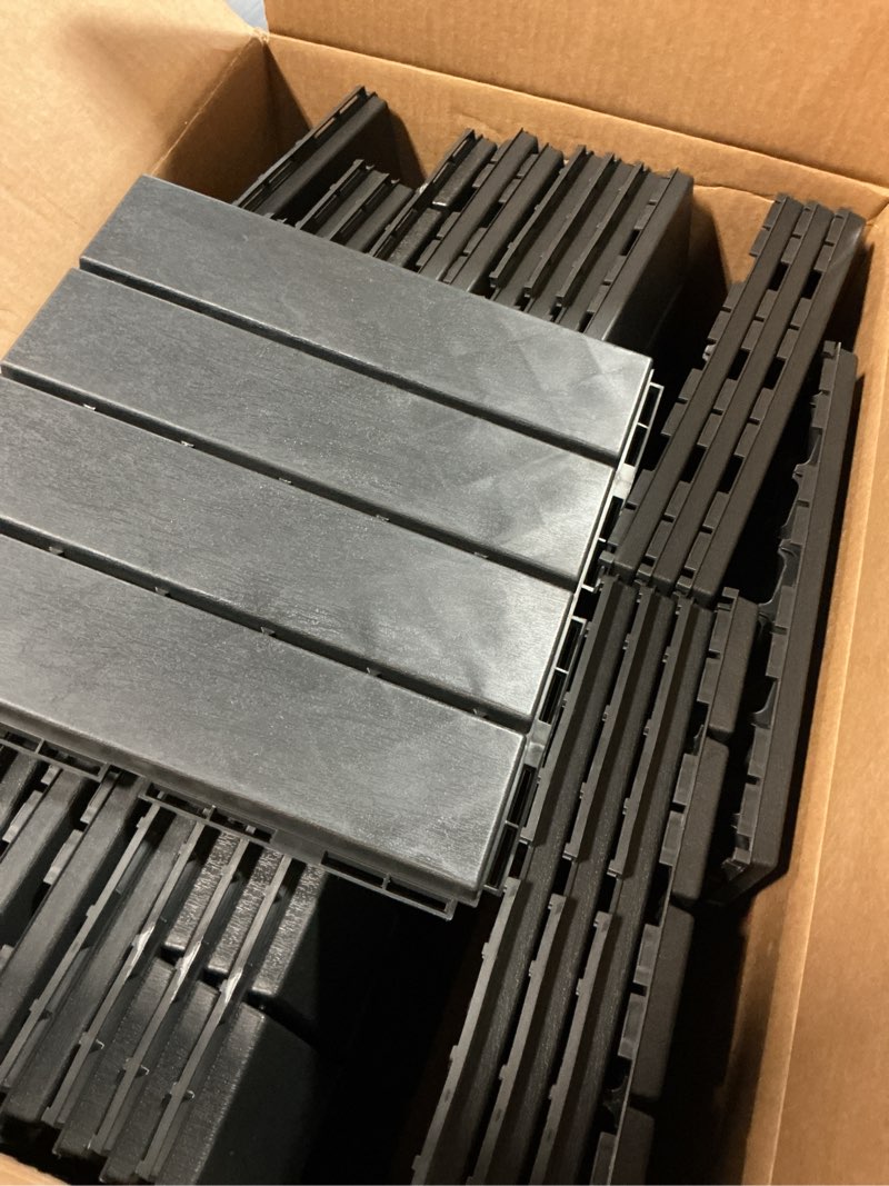 Condition photo showing As Is for similar primezone 54 pcs plastic interlocking patio deck tiles - 12\" x 12\" anti-slip waterproof outdoor flooring decor, floor decking for balcony, backyard, garden & poolside, all weather use, grey 12\" x 12\" x 1\" grey 54