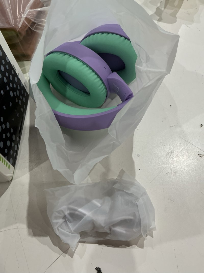 Condition photo showing As Is for acer kids bluetooth headphones, 85/94db volume limiter, foldable wireless over-ear headphones for ipad, travel, 60h playtime, bluetooth 6.0, built-in mic, purple green, ohr668