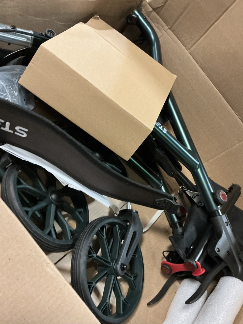 Condition photo showing As Is for Titan Foldable Rollator Walkers with Seat, 7-Level Adjustable Handles Height, Reliable Parking & Braking System, Easy to Assemble and Use with Cane Holder & Storage Bag, 8" Big Wheels Dark Green
