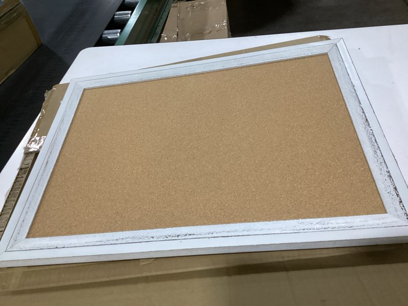 Condition photo showing Good Condition for DOLLAR BOSS White Cork Board for Wall - 24 X 18 Inches, Rustic Wooden Frame Bulletin Board, Decorative Hanging Pin Board for Office & Home Decor White 24''X 18‘’