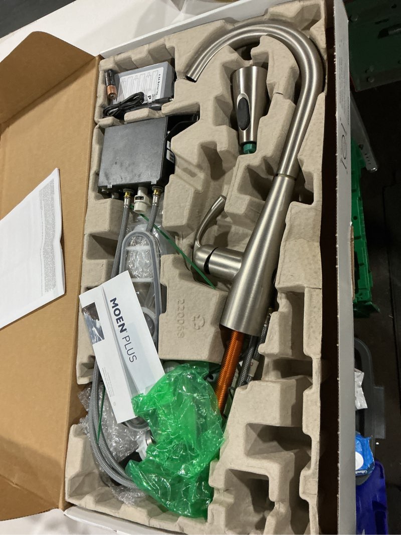 Condition photo showing Good Condition for moen essie spot resist stainless motionsense wave one-handle touchless kitchen faucet with pulldown sprayer and soap dispenser, 87014ewsrs spot resist stainless wave