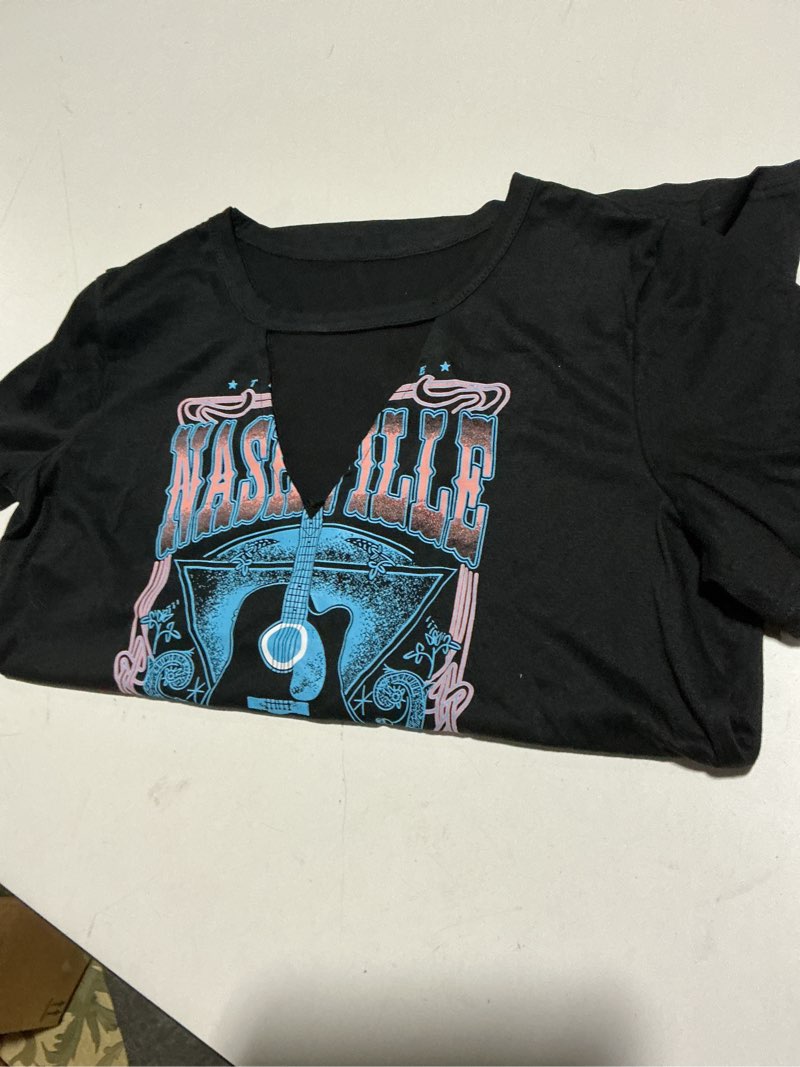 Condition photo showing Good Condition for Hollow Out T Shirts for Women Western Graphic Shirts Country Cowgirls Shirts Casual Short Sleeve V Neck Tops Large Nashville Black2 X-LARGE