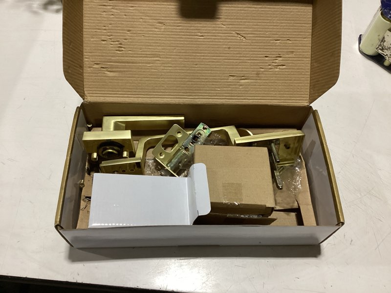 Condition photo showing As Is for mega handles - tobelle tobelle square satin brass door lock, keyless interior door handle set for hallway, closet, bathroom, door knobs interior, lock, door handle - heavy duty design satin brass 1 pack front door set