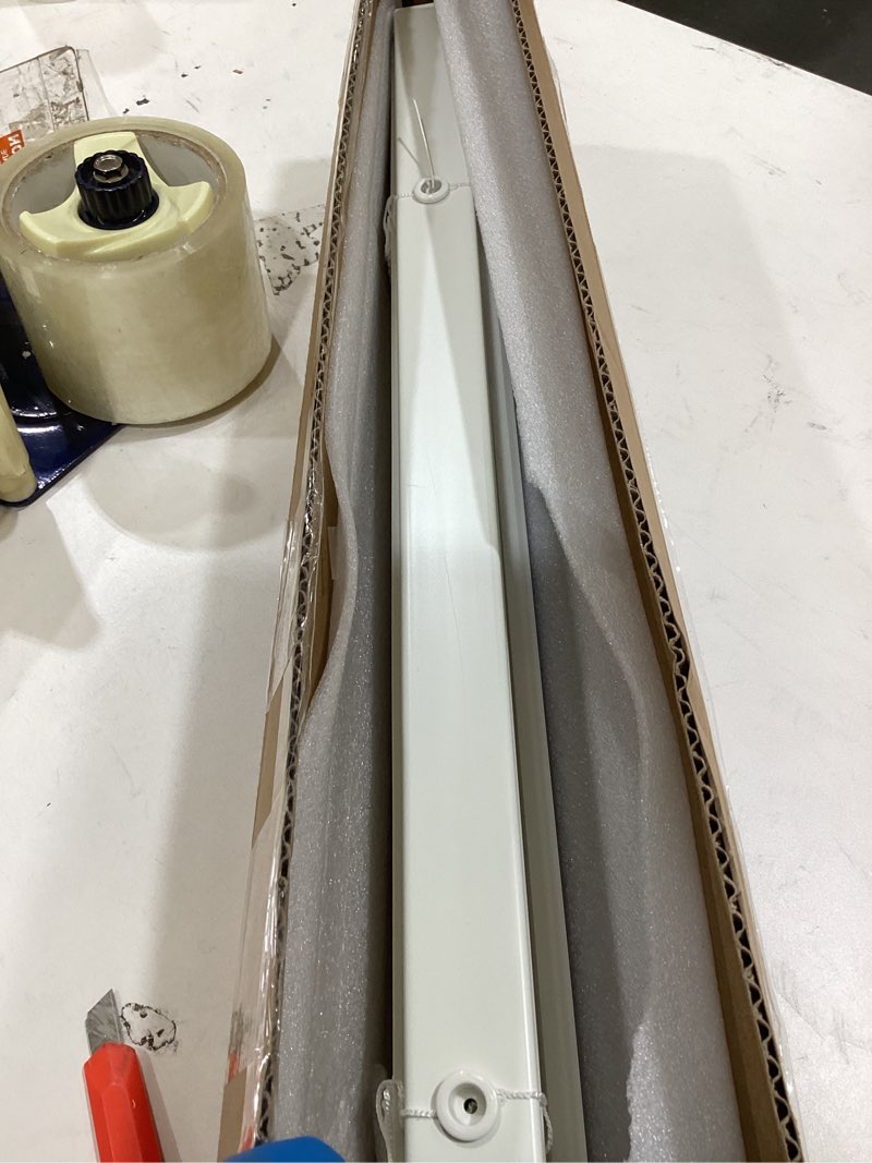 Condition photo showing As Is for myshade no-drill cordless horizontal mini blinds – 34" w x 64" h tool-free inside mount window blinds with 1" vinyl slats, light filtering & privacy, child & pet safe, white cordless-white 34" w x 64" h