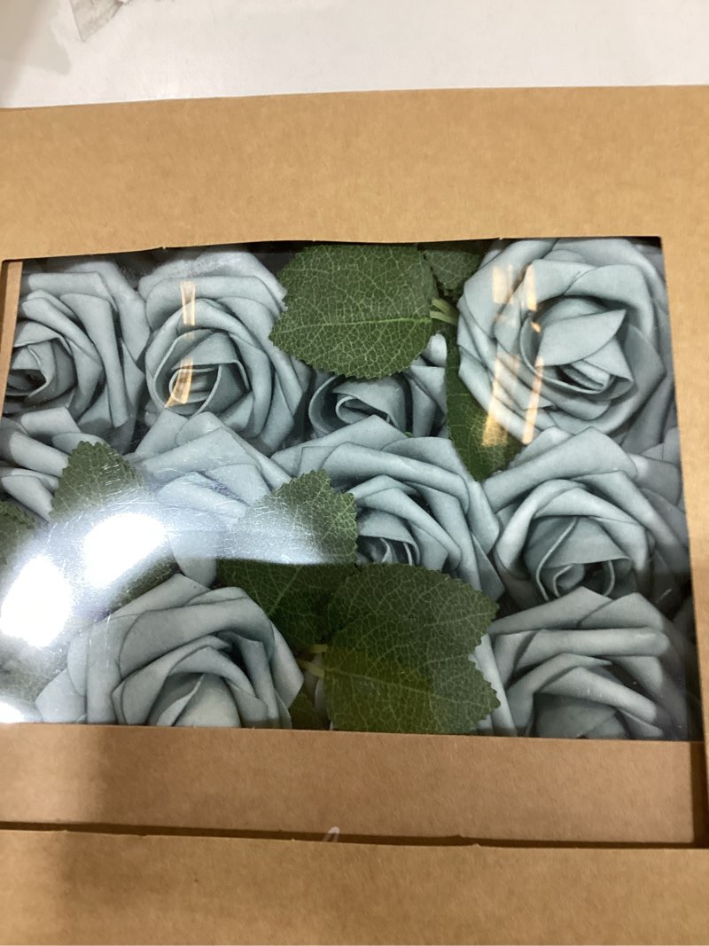 Condition photo showing New/Like New for Ling's Moment Artificial Flowers 50Pcs Dusty Blue Roses Decor w/Stems,3" Real Touch DIY Foam Floral for Wedding Bouquet/Centerpieces, Outdoors Party Backdrop, Room/Table, and Garden/Pot Decorations Blu- Dusty Blue 50Pcs