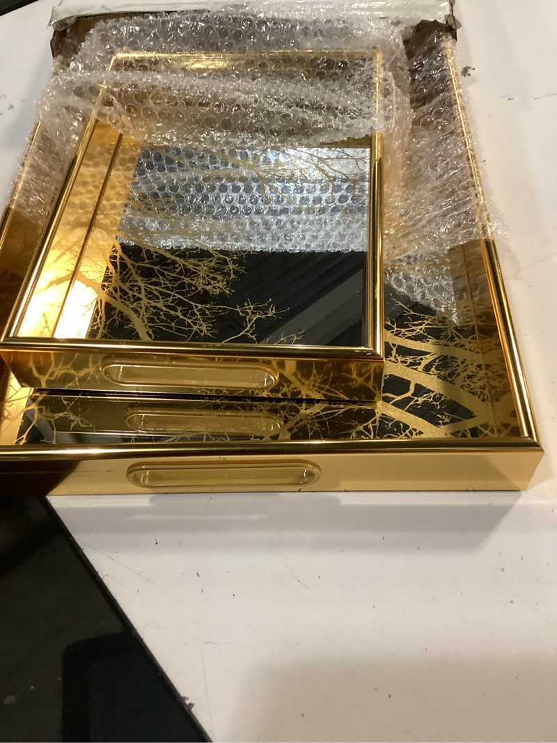 Condition photo showing Good Condition for (incomplete  only 2 pcs) deco 79 plastic geometric living room decor tray mirrored ottoman tray, set of 3 serving tray 18\", 11\", 11\" w, gold 17.9\" x 12.3\" x 1.8\" gold tree