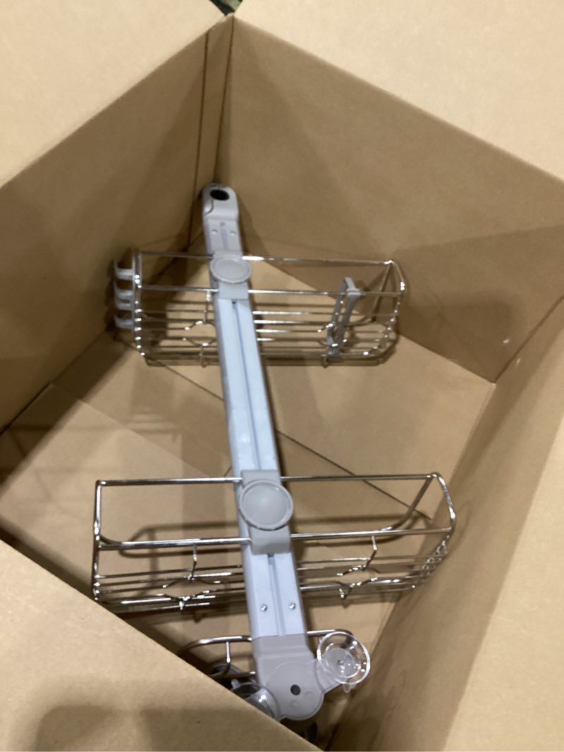 Condition photo showing As Is for SIMILAR TO STOCK PHOTO SEIRIONE Rustproof Shower Corner Caddy Organizer for Bathroom, 4 Adjustable Shelves with Tension Pole, for Bathtub Shampoo Accessories Storage Holder, 34 to 116 Inch Height Stainless
