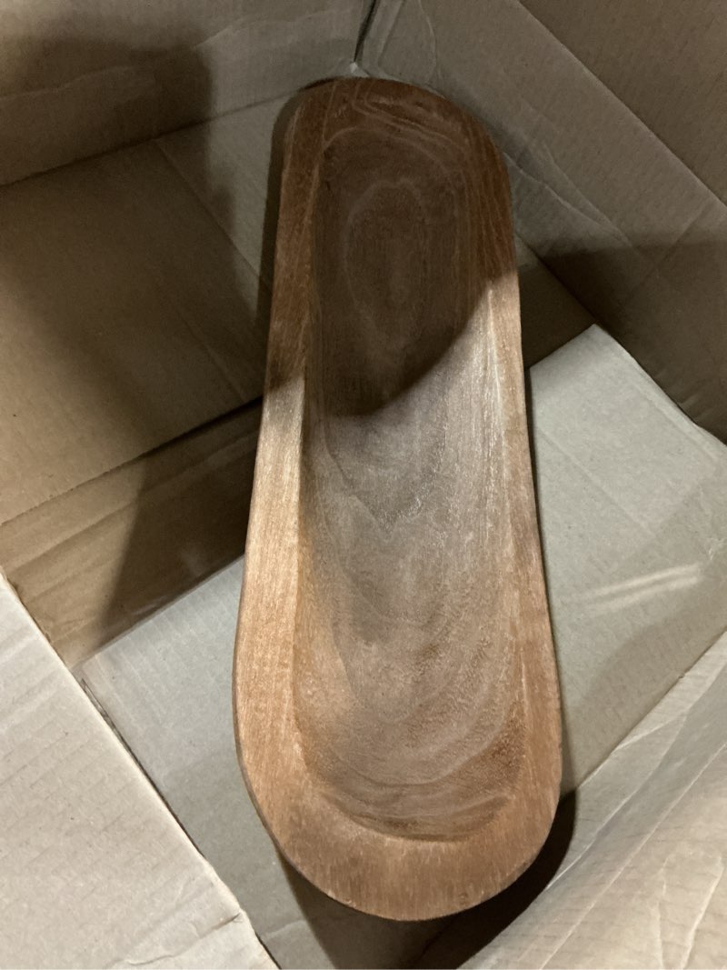 Condition photo showing As Is for wooden dough long bowls decor, baguette bowl wooden large dough bowl centerpieces for home, rustic wood decorative bread fruit tray (new 10×6×2'')
