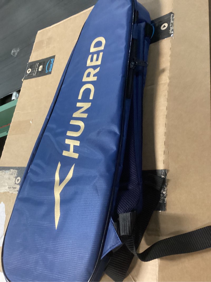 Condition photo showing Good Condition for hundred cosmogear badminton kit-bag (size: large) | double zipper | bag with front zipper pocket | material: polyester| padded back straps | easy-carry handle navy blue