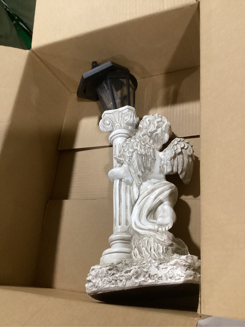 Condition photo showing Good Condition for angel statue with solar lights (right) 19.7 inch, outdoor solar angel garden statue with roma pillar for garden lawn deocr, christian religious gift angel right (only)
