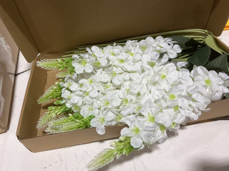 Condition photo showing Good Condition for 15 pcs delphinium artificial flowers for decoration, 27.5 inch long stem larkspur fake flowers white faux silk bouquets for tall vase wedding home decor floral arrangements(white) 27.5 inch white 15