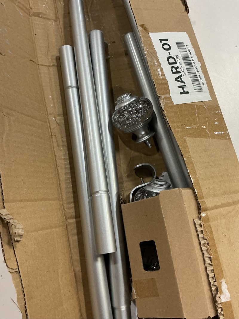 Condition photo showing As Is for 2 Pack Curtain Rod 32 to 58 Inches (2.6-4.8ft), USFOOK 7/8 Inch Telescoping Splicing Curtain rods for Windows 20 to 54 Inch, Silver Decorative Drapery Rods for Home with Translucent Finials 32-58"(2 Pack) Silver