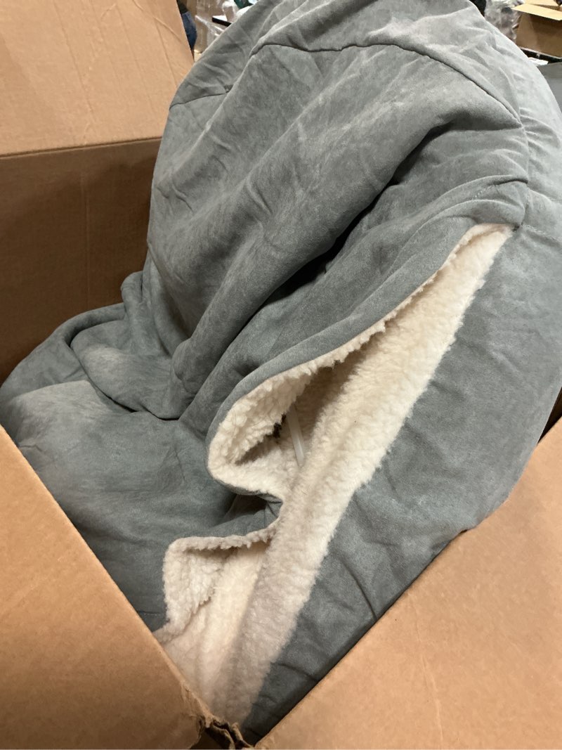 Condition photo showing As Is for FurHaven Round Orthopedic Dog Bed for Large Dogs, Egg Crate with a Solid Orthopedic Foam Base with Attached Blanket Hood and Removable Washable Cover, Large, Sherpa & Suede Snuggery, Gray Gray Large
