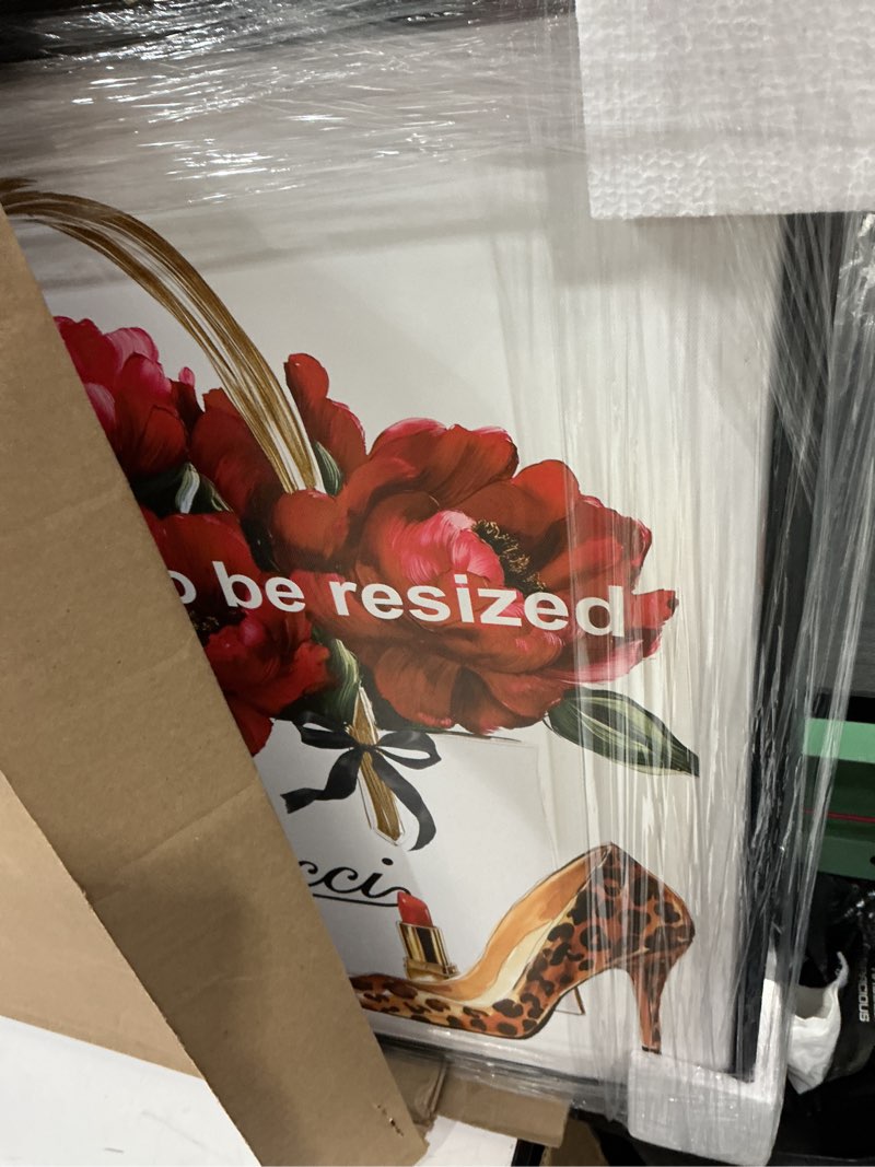 Condition photo showing New/Like New for Art Remedy Leopard Heel Red Bloom Canvas Fashion Wall Art, Black Frame, 20" x 24" Black Frame Framed 25"L x 21"W