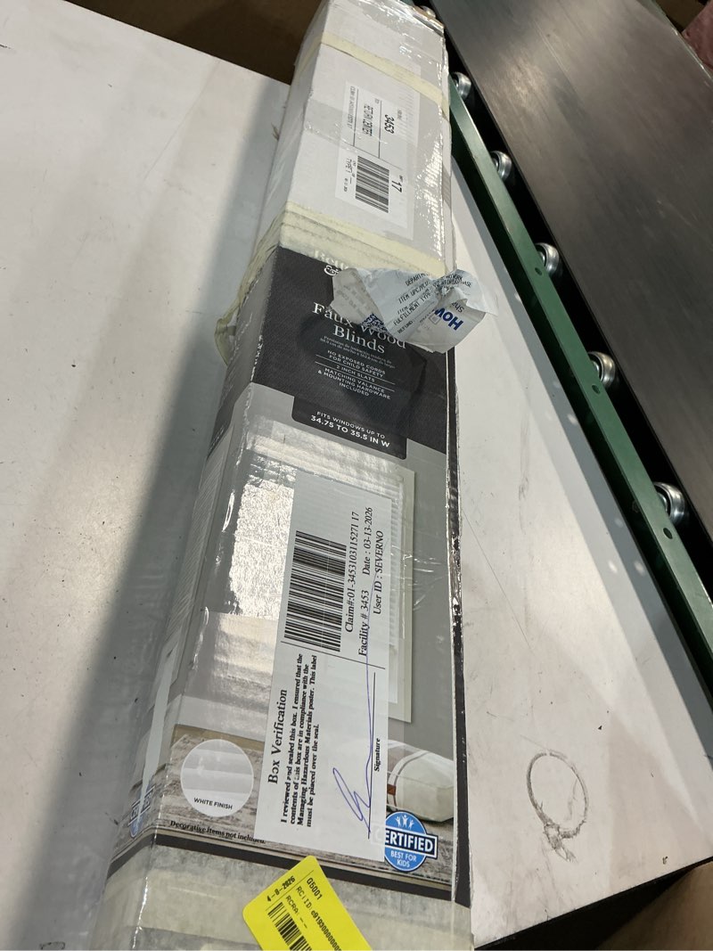 Condition photo showing As Is for better homes & gardens 2  cordless faux wood horizontal blinds  white  35x64