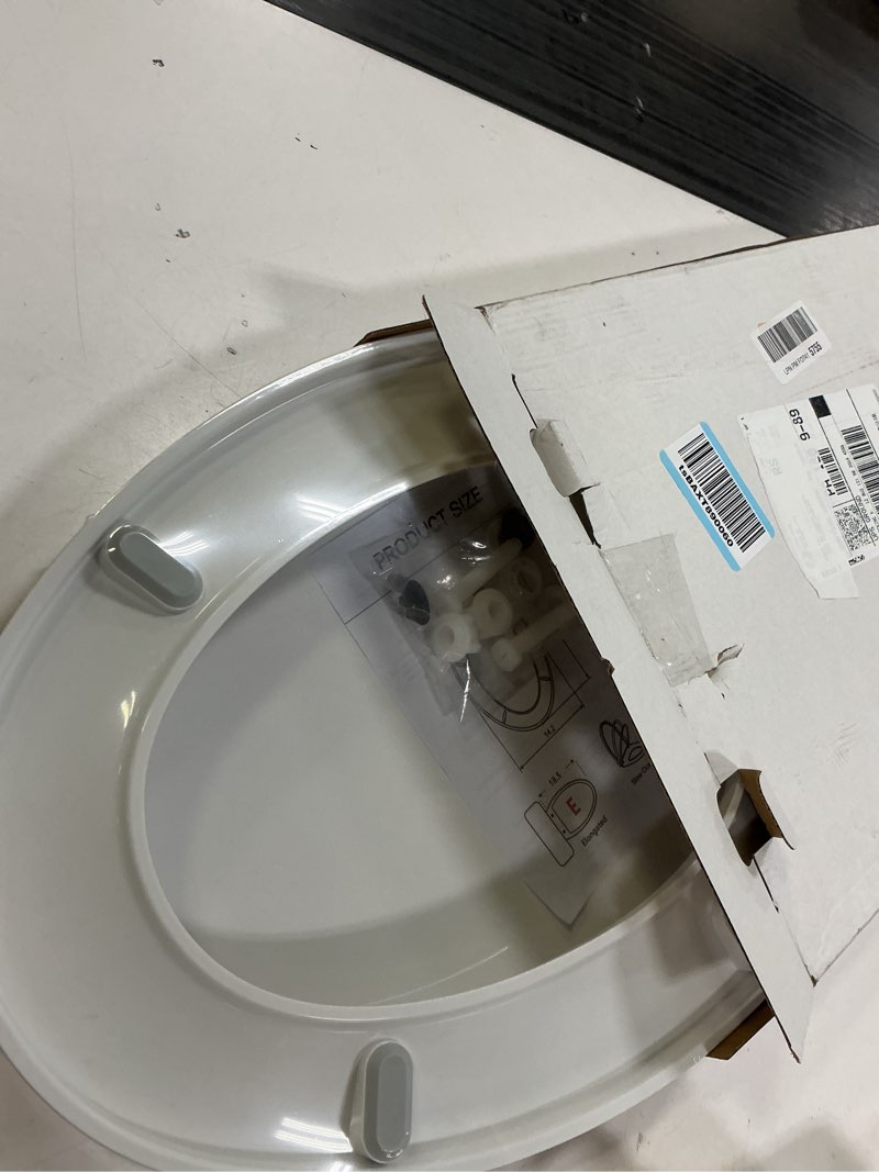Condition photo showing Good Condition for round toilet seat, standard 16.5” slow/soft close round toilet seat for round toilets, no-slam quiet-close lid, easy-to-install, white, durable never-loosen design