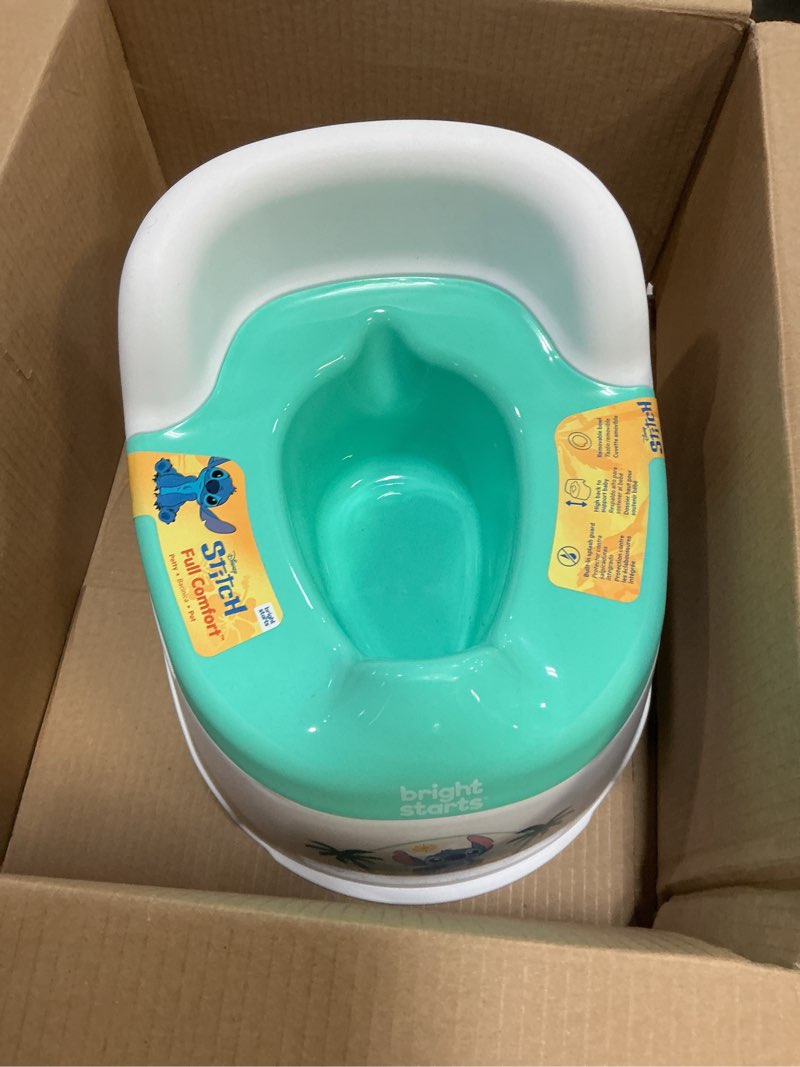 Condition photo showing Good Condition for bright starts disney stitch full comfort potty training toilet, easy clean removable bowl, splash guard, high back for comfort & stability, toddlers up to 50 lbs teal
