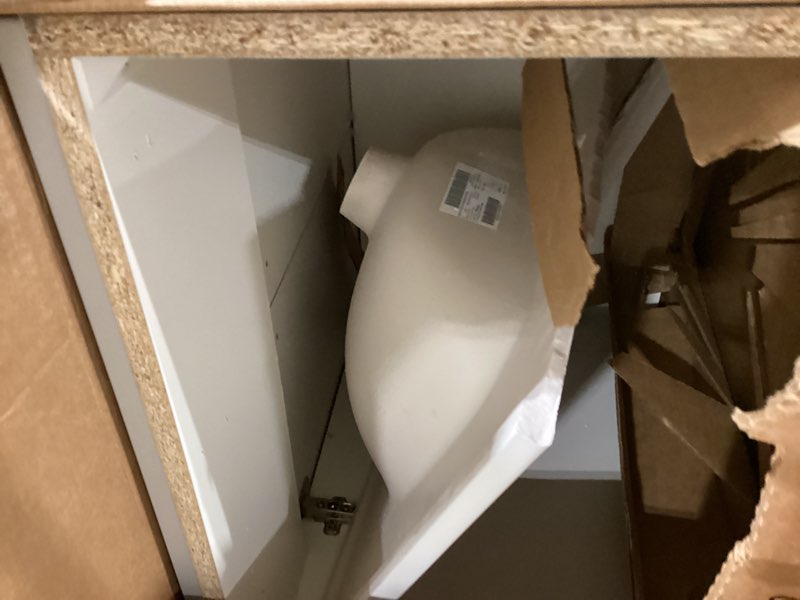 Condition photo showing As Is for damaged sink, project source 24-in gray single sink bathroom vanity with white cultured marble top