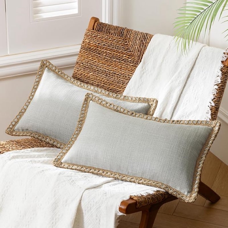 phantoscope pack of 2 farmhouse decorative throw decorative pillow cover burlap linen trimmed tailored edges, flax gray