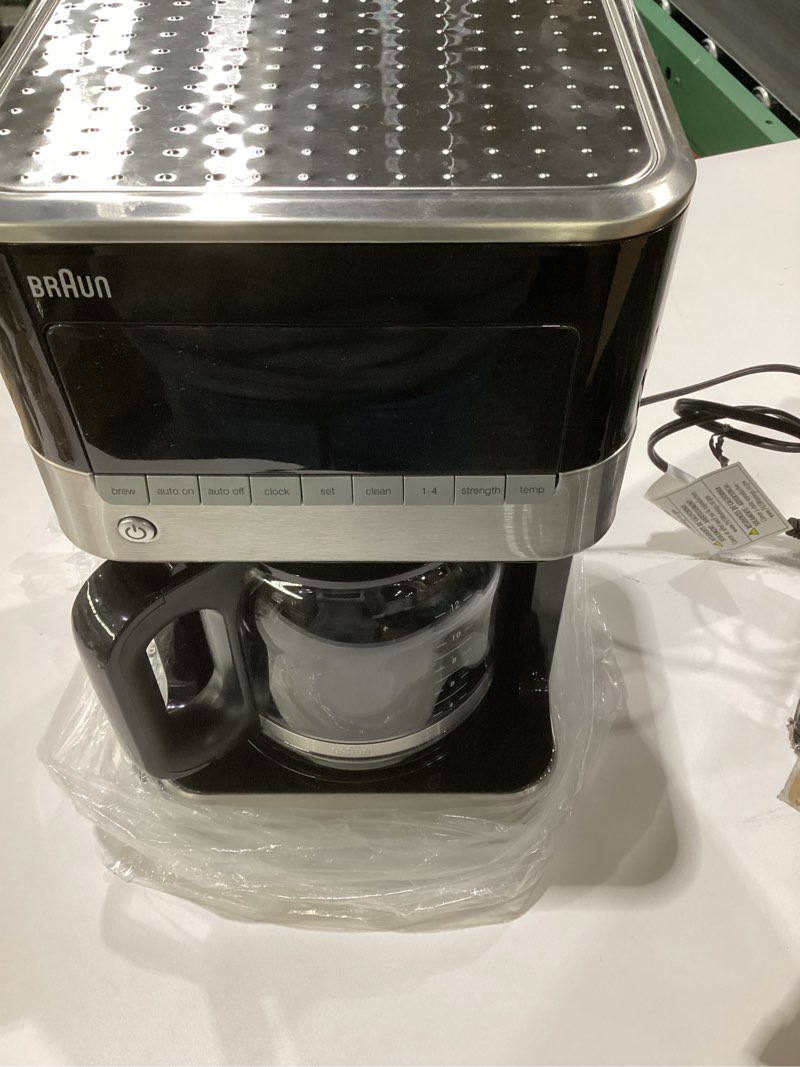 Condition photo showing As Is for Braun BrewSense 12 Cup Drip Coffee Maker - Pause & Pour Mid Brew, Coffee Machine with 24-Hour Timer & Clock, Bold & Regular Strength, 1-4 Cup Functions, Self Clean, Auto Shutoff, Stainless Steel Silver, AS IS, NOT TESTED