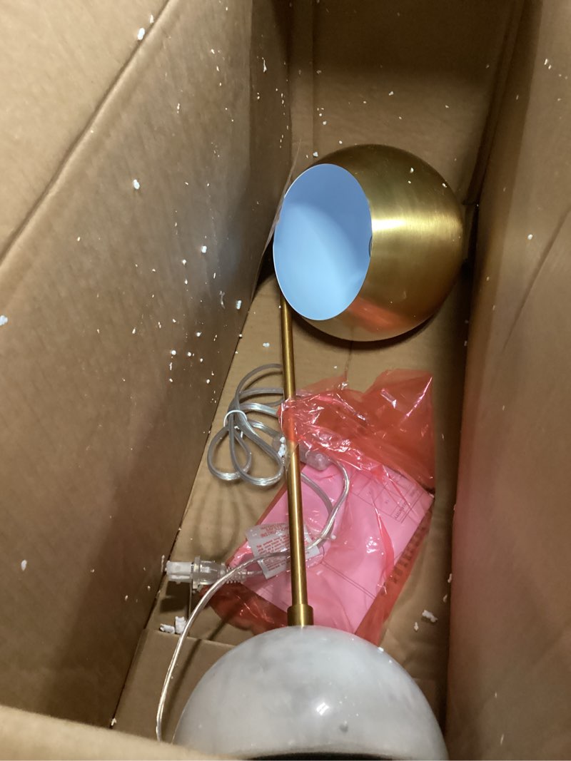 Condition photo showing As Is for jonathan y 23.5" brass gold and white stephen metal and marble led table lamp, modern arched task lamp for living room bedroom office, led bulb included jyl6000a