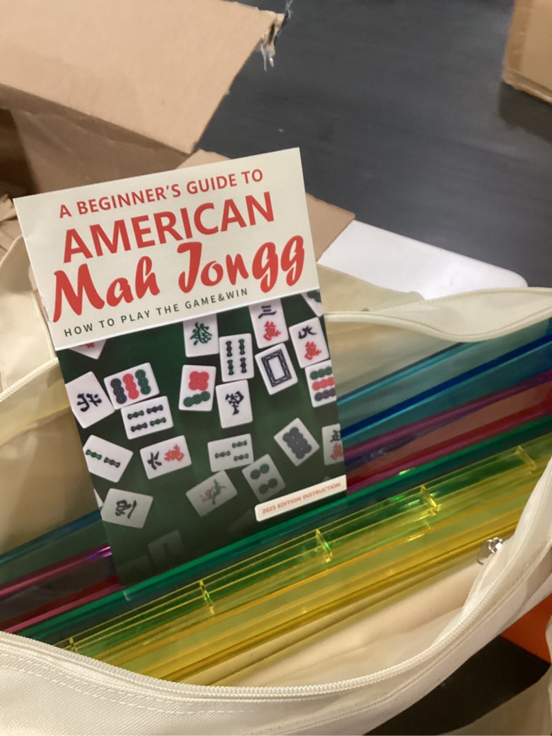 Condition photo showing Good Condition for american mahjong tile set, mah jong set complete with white bag, 166 white tiles with golden dices for travel, 4 all-in-one mahjong racks with pushers
