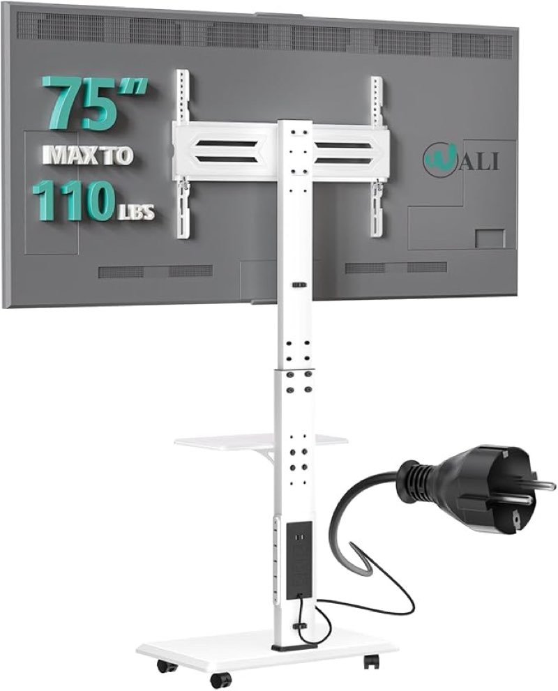WALI Rolling TV Stand with Power Outlet & AV Shelf, Mobile Tall TV Stand Mount on Wheels for 32-75 inch TV up to 110 lbs, Swivel Height Adjustable TV Cart with Wood Base for Bedroom(TVDVD-6PRW), White