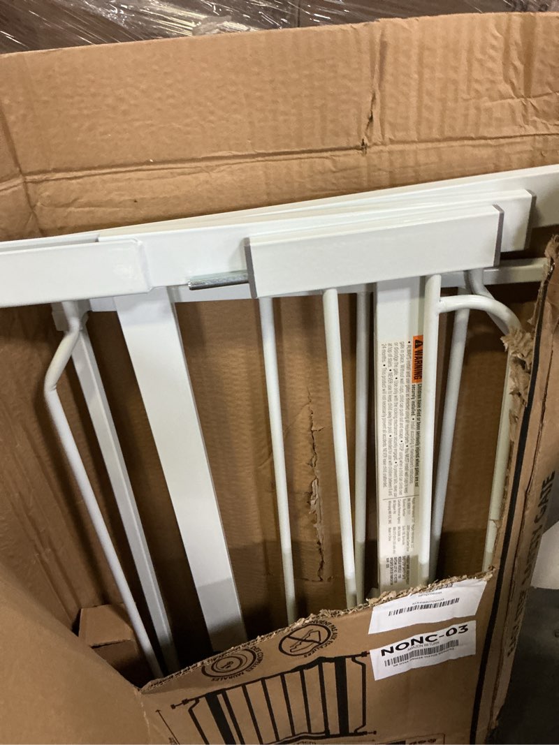 Condition photo showing As Is for regalo safety 29-38.5" baby gate for doorways & bottom of stairs, pressure mounted baby gate with door for babies, toddlers & pets, tested & safe for 30 years, american designed, american owned, white white 29-38.5"w x 30"h