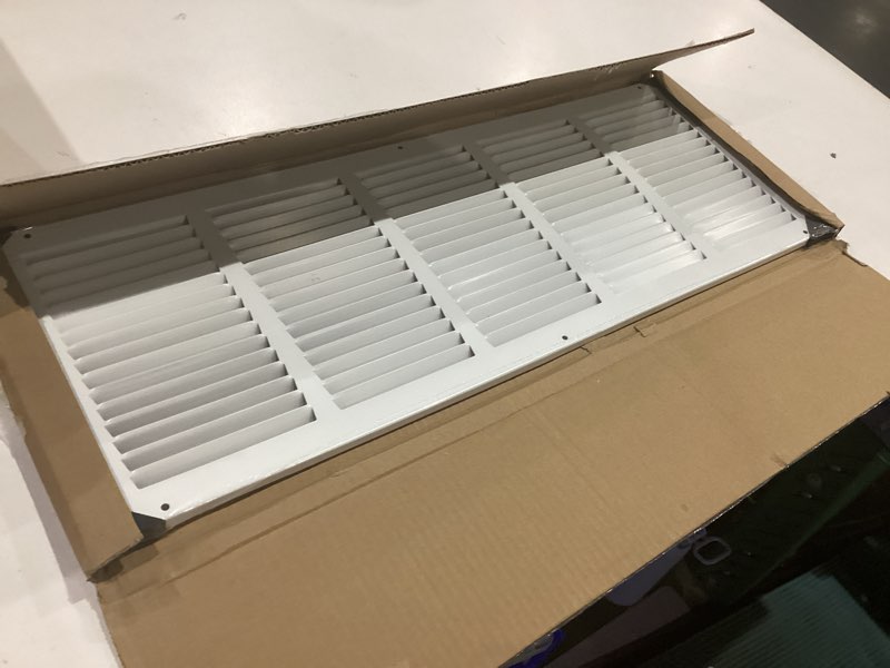 Condition photo showing New/Like New for hvac premium 25'' x 8'' [duct opening] flat stamped steel return air grille - sidewall and ceiling - hvac vent duct cover - white [outer dimensions: 26.75''w x 9.75''h] 25 x 8