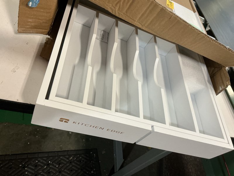 Condition photo showing Good Condition for premium silverware, flatware and utensil organizer for kitchen drawers, food-safe contract grade, expandable from 14.5 to 25 in, white bamboo