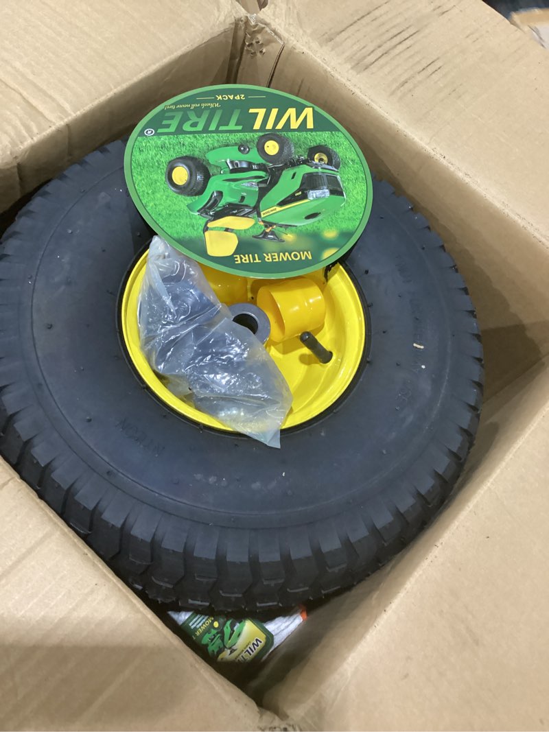 Condition photo showing Good Condition for wiltire 15x6.00-6 tire and wheel assembly (2 pack),replacement riding lawn mower front tires - with 3" centered hub and 3/4" bushings (extra 5/8" bushings)