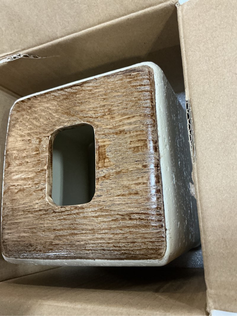Condition photo showing Good Condition for white tissue box cover square resin tissue holder for home decor, hand poured marble ribbed cube tissue box holder – 5.5 inch heavy duty luxury tissue box case for bathroom, living room, office a-white