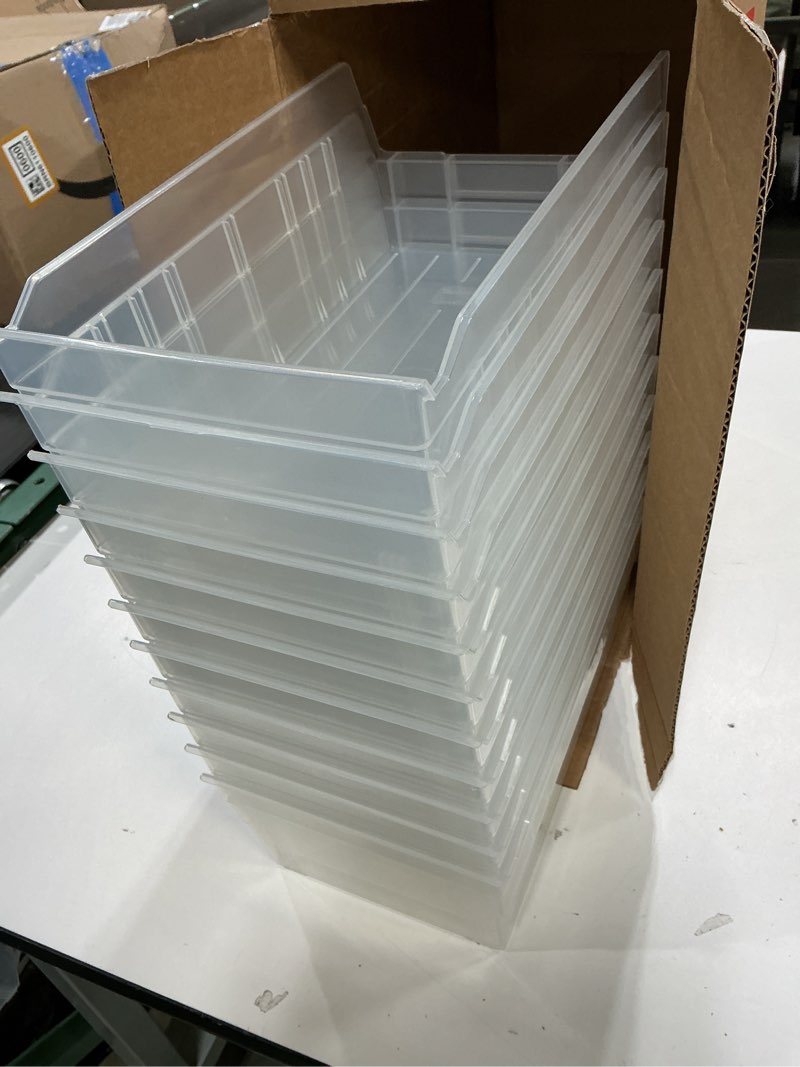 Condition photo showing Good Condition for Akro-Mils 30130 Plastic Shelf Bins, Heavy Duty Storage Bins for Garage, Closet, and Drawer Organization, 12-Inch x 6-1/2-Inch x 4-Inch, Clear, 12-Pack Clear Bin Box