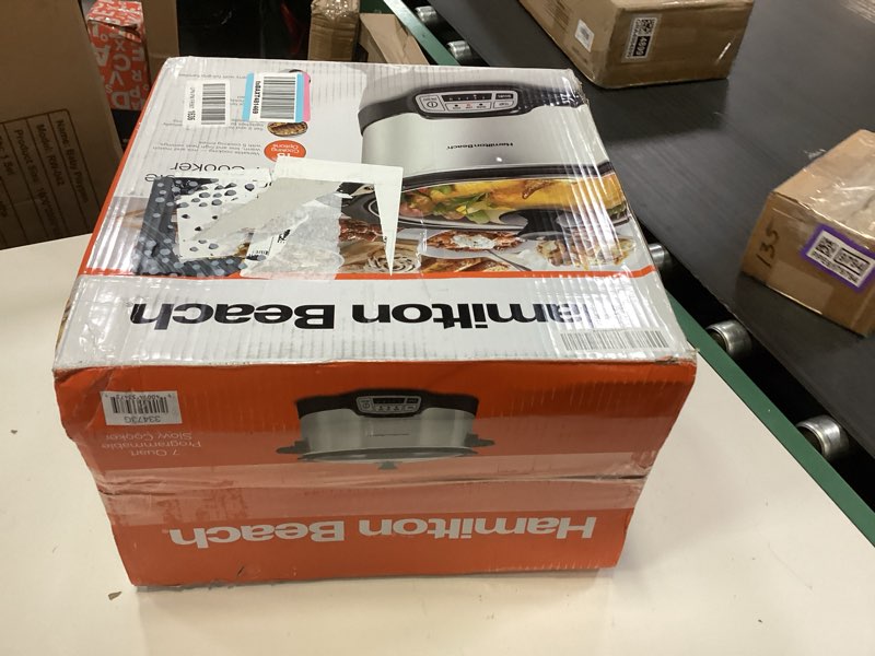 Condition photo showing New/Like New for hamilton beach 7 quart programmable slow cooker with flexible easy programming, 5 cooking times, dishwasher-safe crock & lid, silver (33473) 7 quarts