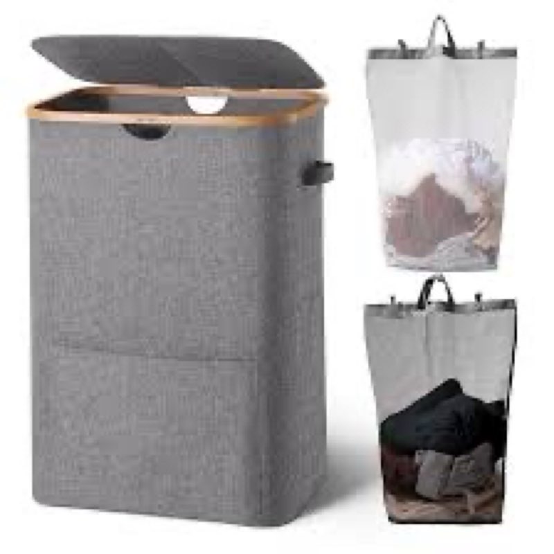 coperat laundry basket with lid,double laundry hamper with handles and 2 removable inner bags,large 