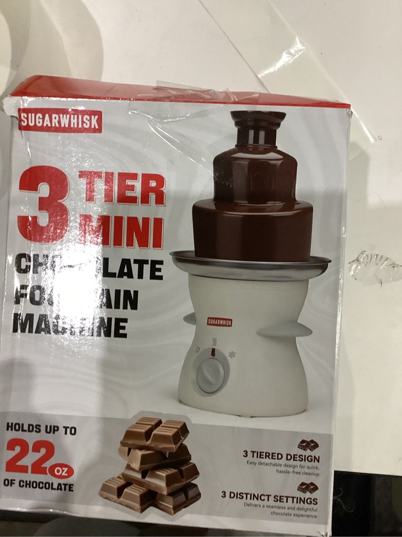 Condition photo showing As Is for 3 tier mini chocolate fountain machine, easy to use & clean, great for parties, events & weddings, 22 oz capacity, white