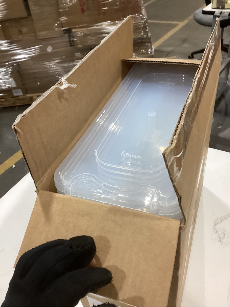 Condition photo showing As Is for HOMZ 2-Pack Snaplock, Small Clear Plastic Storage Organizer Bins w/ Lids, 28 Quart, Gray - Stackable Container Boxes for Bedroom, Bathroom, Garage, and Office Organization Gray Lid 28 QT (2 Pack)