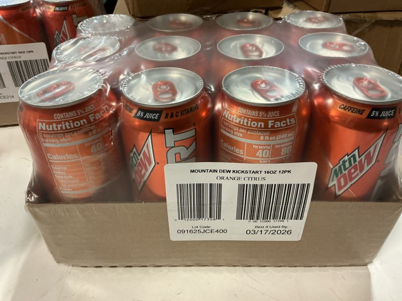 Condition photo showing New/Like New for (Best By 03/17/2026) Mountain Dew Kickstart, Orange Citrus, 92mg Caffeine, Vitamins B & C, 80 Calories, 5% Juice, 16 Fl Oz (Pack of 12) Orange Citrus 16 Fl Oz (Pack of 12)