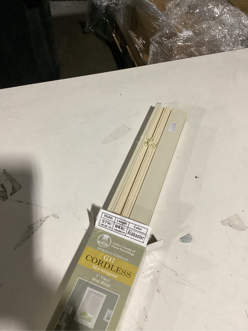 Condition photo showing As Is for Cordless Light Filtering Mini Blind - 27 Inch Width, 64 Inch Length, 1" Slat Size - Alabaster - Cordless GII Morningstar Horizontal Windows Blinds for Interior by Achim Home Decor