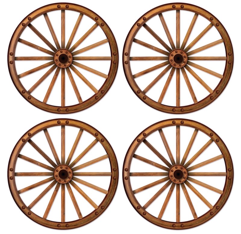 Beistle Wagon Wheel Cutouts, 4-Pack Rustic Western Party Decorations, Large Cowboy Ranch Theme Props for Barnyard Events Saloon Backdrops and Pioneer Celebrations, 18.5”