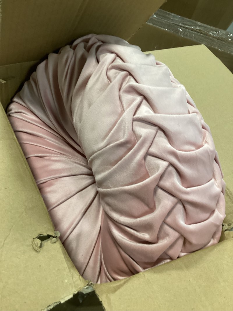 Condition photo showing Good Condition for HIG Set of 2 Pink Ruched Velvet Round Throw Pillows – 14.5’’ Decorative Pillows with Soft Polyester Filling for Couch, Bed, Living Room, Bedroom, or Dorm – Handmade, Stress Relieving, All-Season R-pink 2 Count (14.5 Inch Diameter)