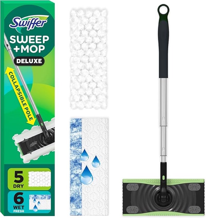 Swiffer Sweep and Mop Deluxe, 2-in-1 Floor Mopping and Sweeping Kit, Kit Includes 1 Sweeper Device, 5 Heavy Duty Dry Sweeping Cloths, 6 Heavy Duty Wet Mopping Cloths