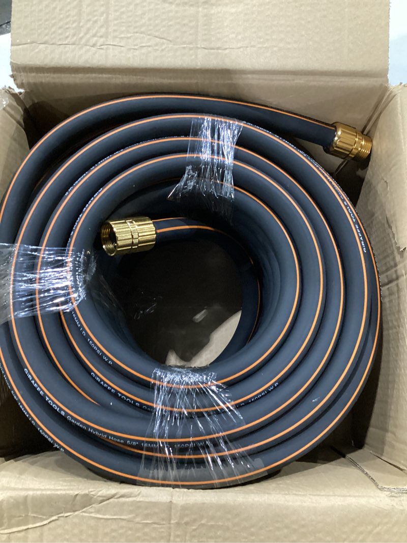 Condition photo showing New/Like New for giraffe tools garden hose 5/8" custom length, no kink, flexible, leakproof water hose, 600 burst psi, 100ft male female fittings,black orange