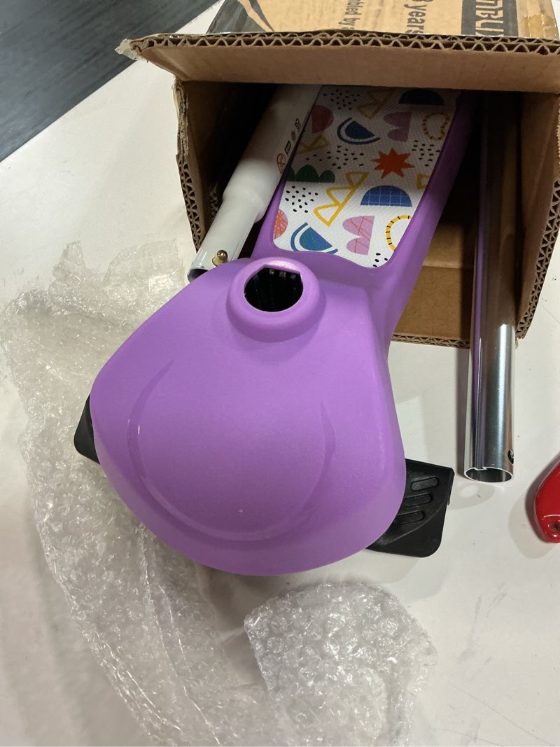 Condition photo showing As Is for tonbux kids scooter for ages 3-8, toddler scooter with light-up wheels, adjustable 4-level height 3-wheel scooters for kids, lean-to-steer design purple with deck light