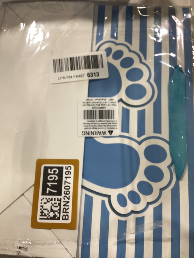 Condition photo showing As Is for 13” large baby boy gift bag set with handles, greeting card, blue tissue papers and stickers for boys kids for baby shower, boys' birthday party, newborn, new moms, little one, 1st baby, 3d footprints design, 1 pcs